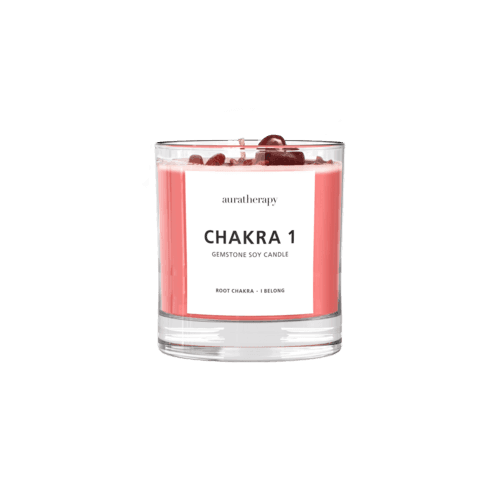 Chakra 1 Red Jasper gemstone soy candle for root chakra healing with spicy, woody aroma and real gemstones.