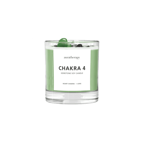 Chakra 4 Aventurine gemstone soy candle for heart chakra healing with floral scent and natural cotton wick