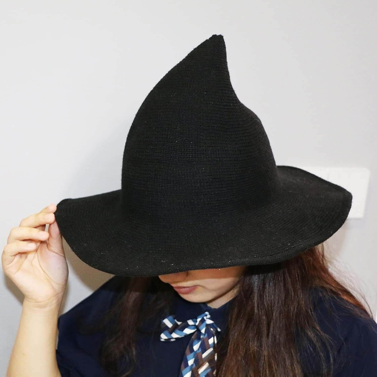 Womens Witch Hat Knitted Wool Cap for Halloween Party Masquerade Cosplay Costume Accessory and Daily, Black - Emily Zen Goddess