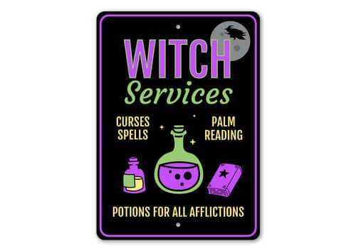 Black and purple Witch Services Sign with green and yellow text, featuring illustrations of potion bottle, spellbook, and palm reading, made of durable aluminum for Halloween decor.