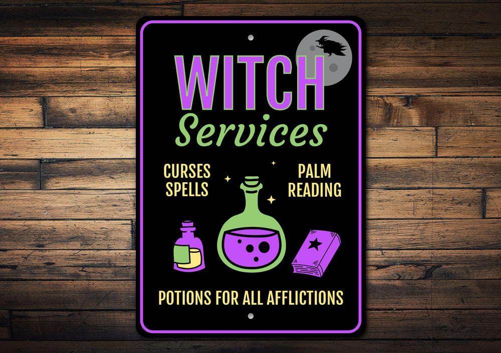 Black Witch Services sign with purple and green text, featuring bottles and a book illustration, and a witch flying in front of the moon, designed for Halloween decoration