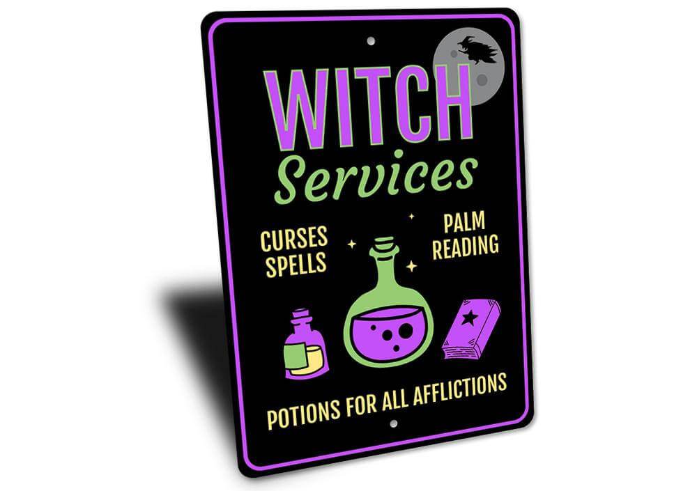 Black Halloween metal sign with purple and green text reading "Witch Services" featuring illustrations of potion bottles, tarot cards, and a witch silhouette on a moon background