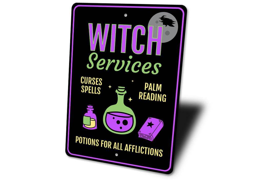 Halloween Witch Services decorative metal sign with potion bottles, spell book, and witch flying on broom silhouette
