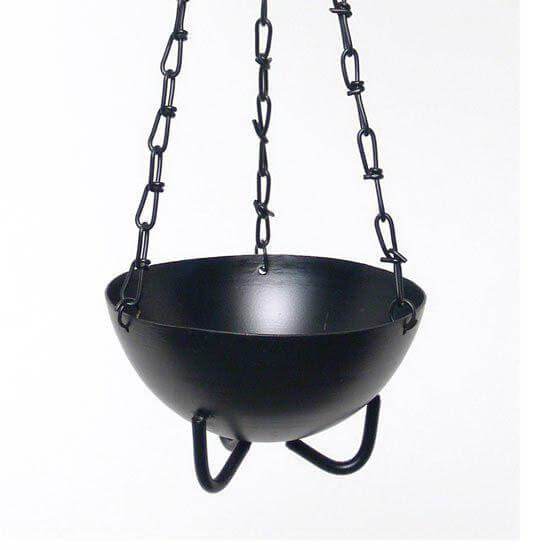 Large black metal hanging cauldron for burning smudging herbs and resins with chain suspension