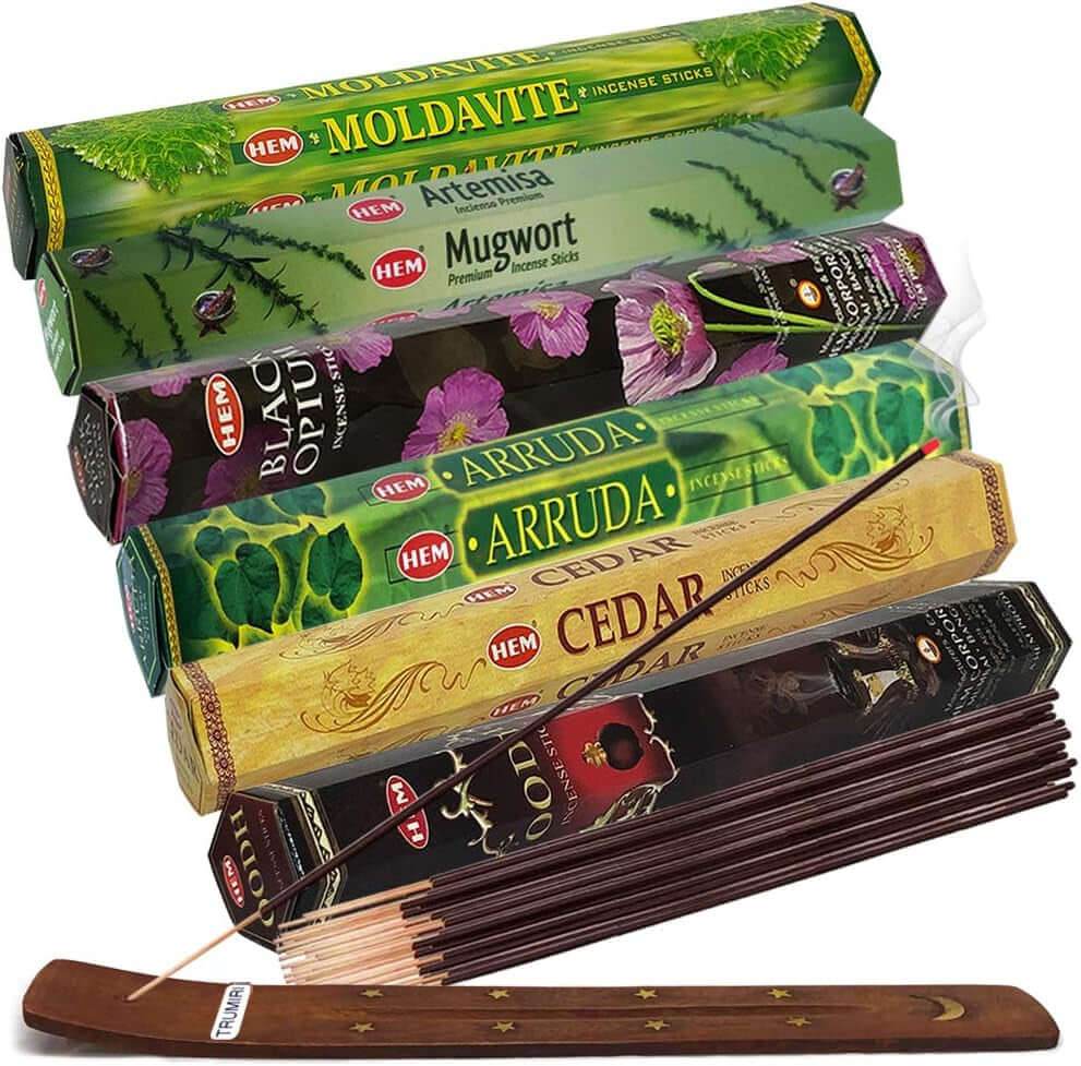 Hem Incense Sticks Variety with Leafy Fragrance Bundle & Elegant Holder - Emily Zen Goddess