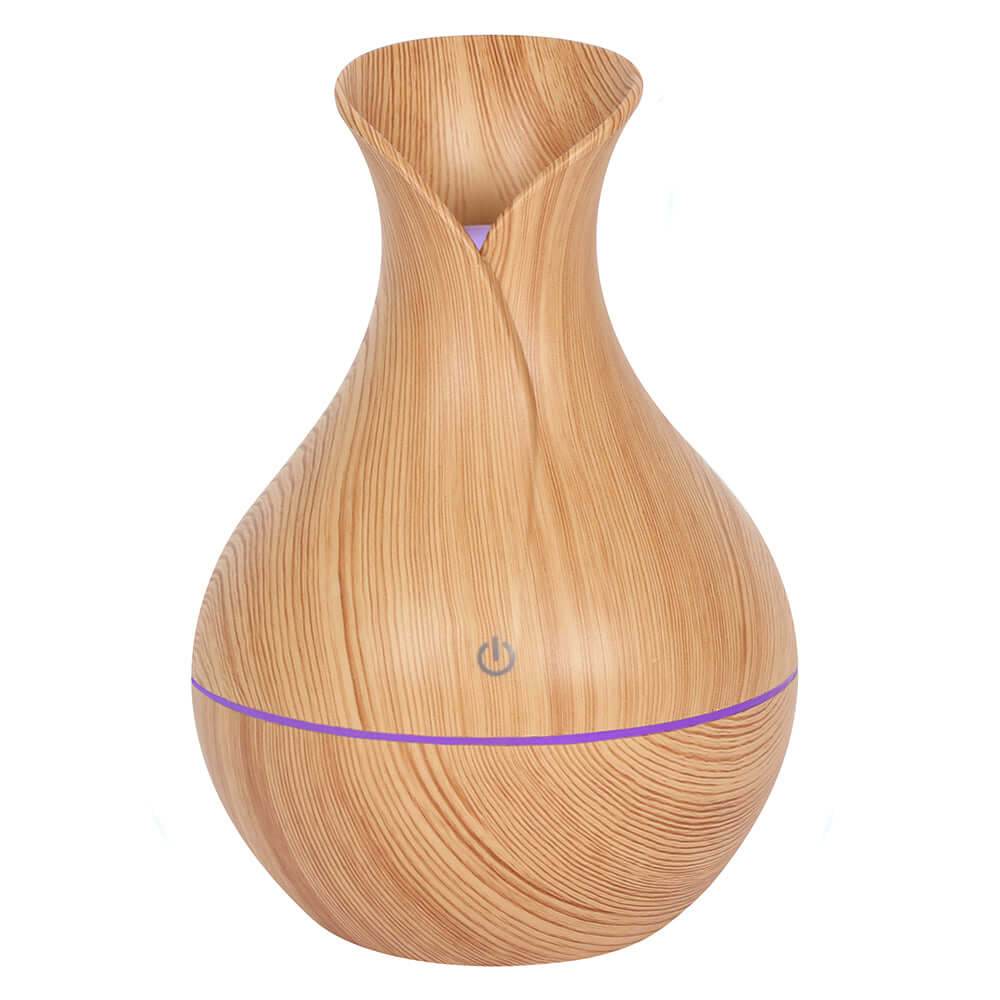 Medium wood grain electric aroma diffuser with color changing LED lights and USB power.