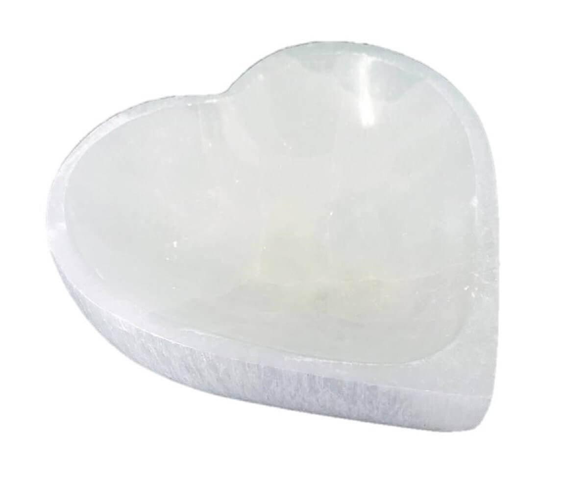 White hand carved selenite heart bowl for crystals and jewelry, 4 inch size from Morocco