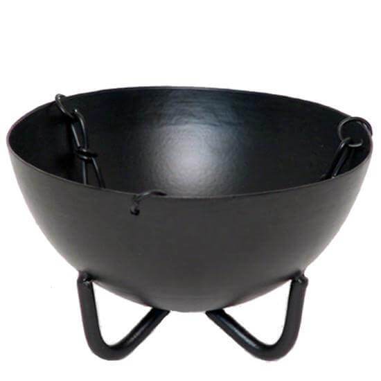 Large black hanging cauldron for burning smudging herbs and resins with tripod stand.