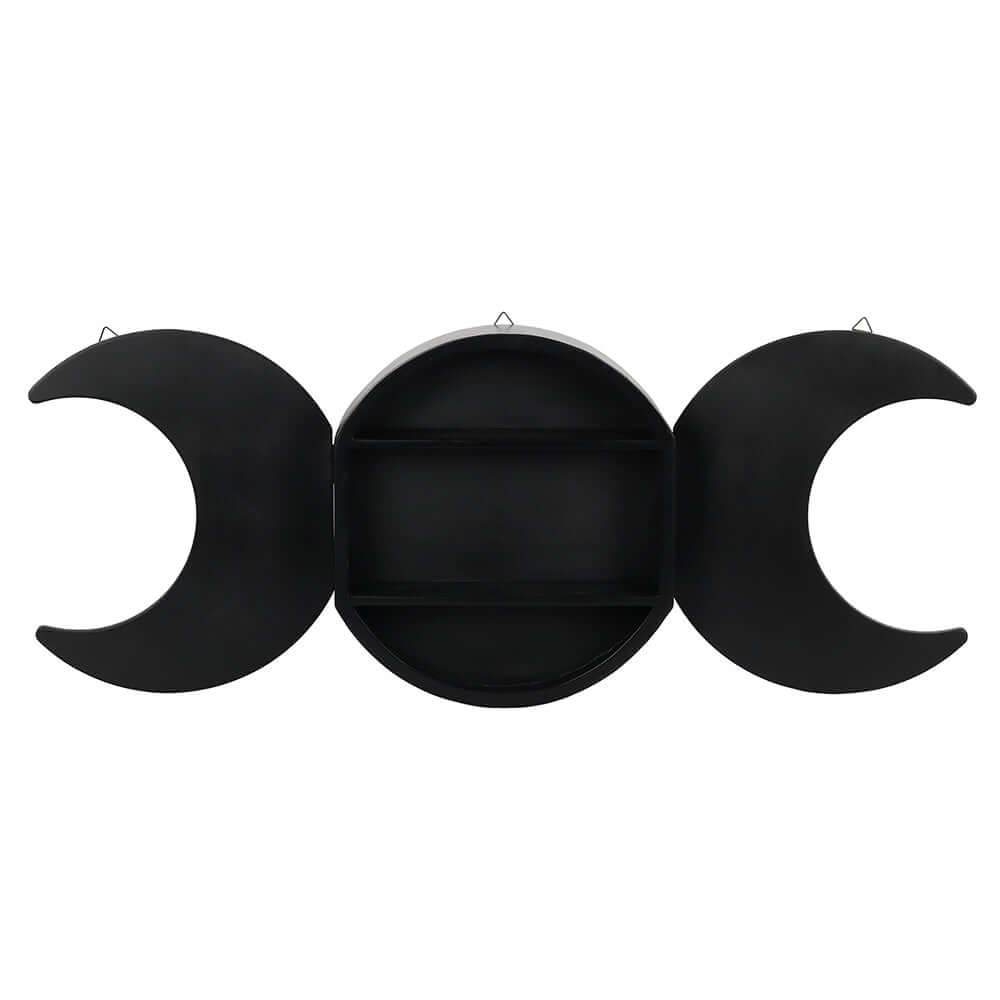 Black Triple Moon Shelving display with central moon storage and two crescent side compartments opened for display