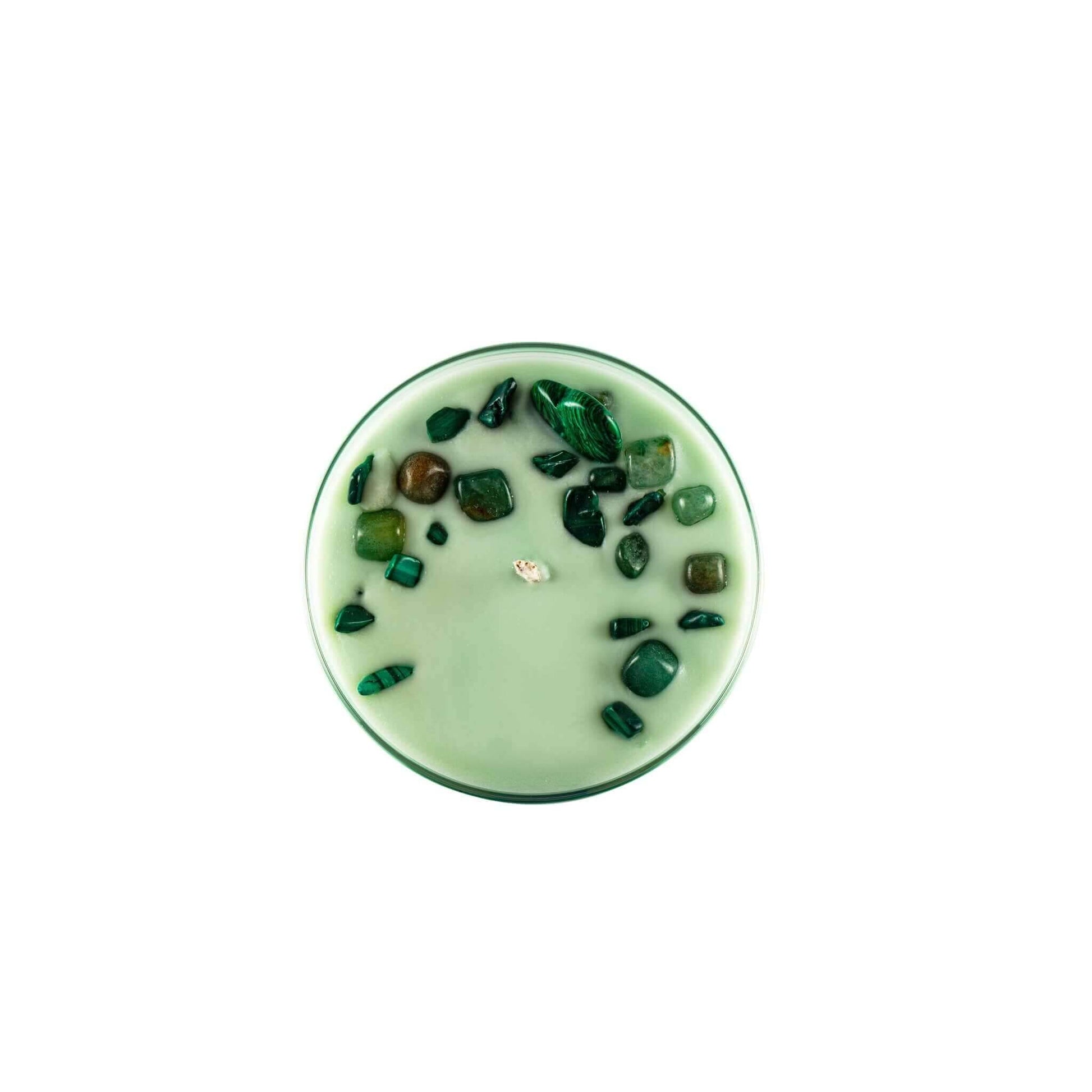 Green Chakra 4 Aventurine Gemstone Candle with natural soy wax and embedded aventurine stones
