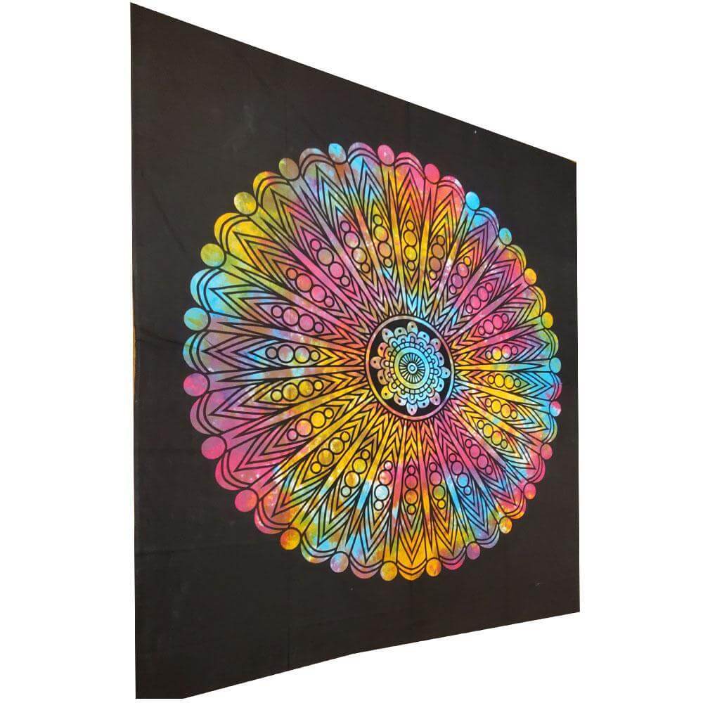 Black cotton tapestry with colorful Chakra Wheel Mandala pattern and tie-dye design, 90 by 80 inches wall hanging for room decor and photo backdrop