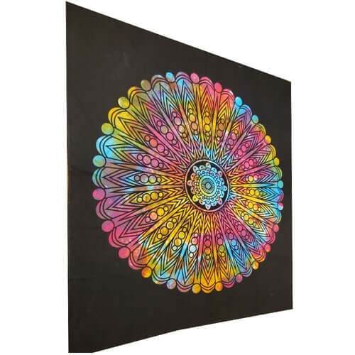 Black tapestry featuring a colorful Chakra Wheel Mandala Pattern with tie-dye design for wall decor and photo backdrop