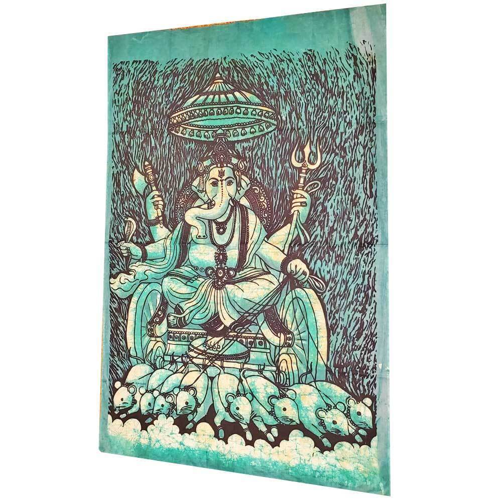 Batik cotton fabric tapestry with Krauncha Ganesha design, 52x35 inch cultural wall hanging and bedspread