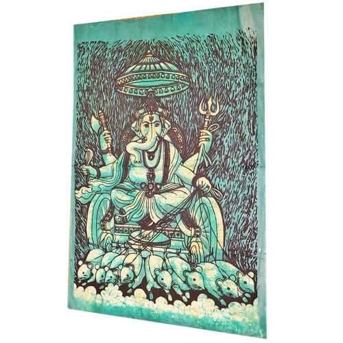 Batik cotton fabric wall tapestry featuring Krauncha Ganesha design in teal and brown colors.