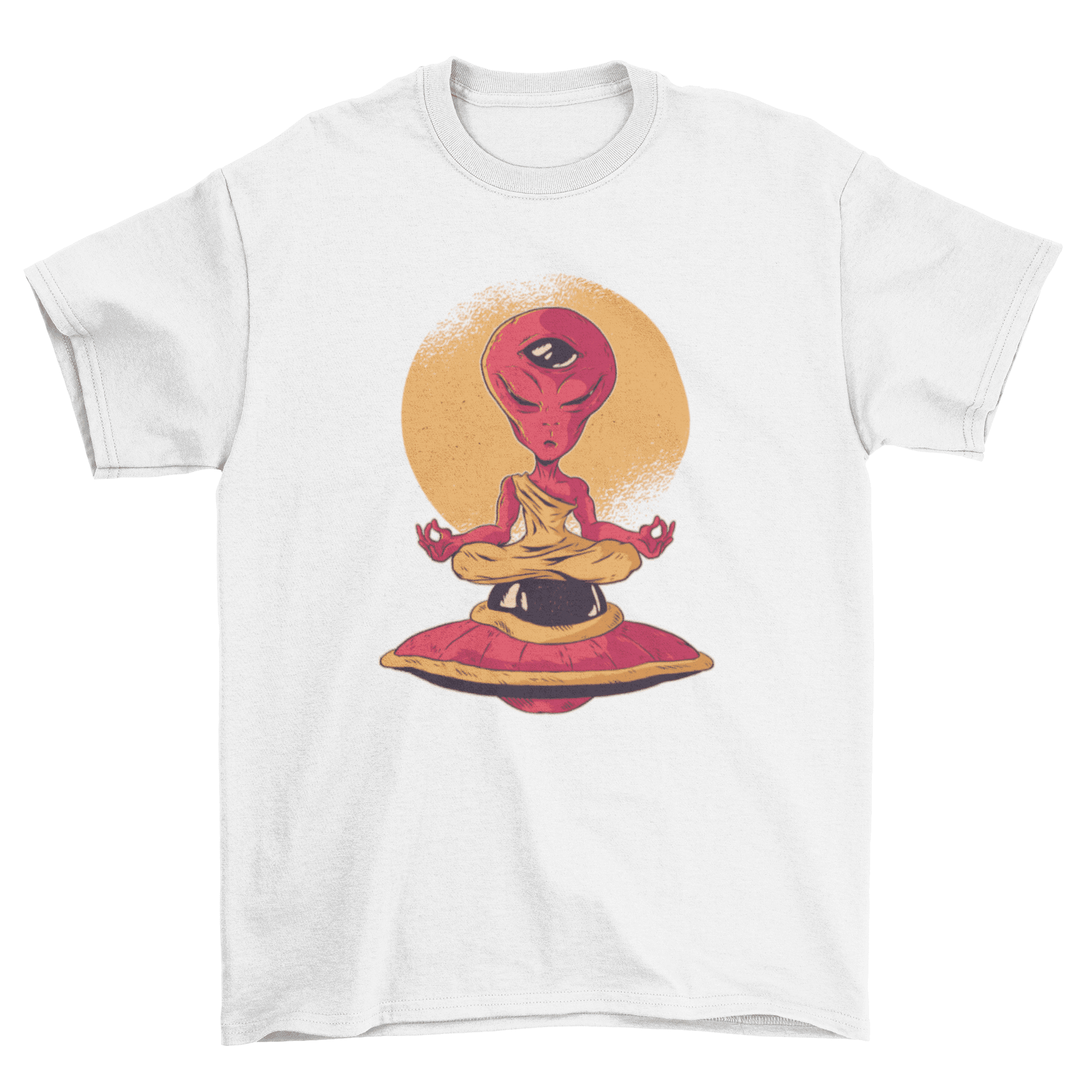 White t-shirt with cartoon alien monk meditating on flying saucer with third eye and moon background.