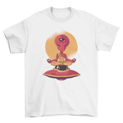 White t-shirt with alien monk meditating in yoga pose on flying saucer over moon circle design.