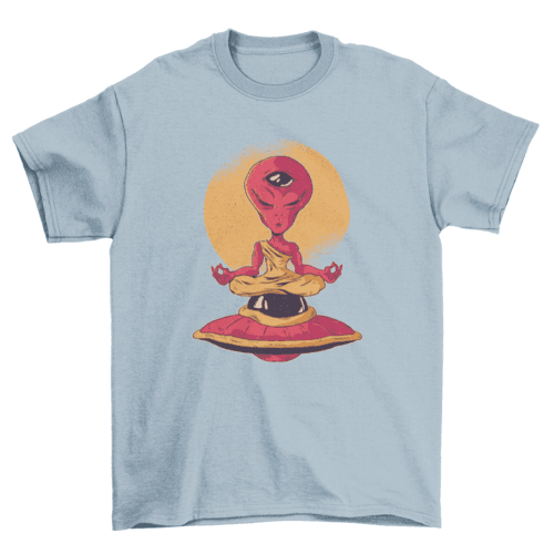 Light blue t-shirt featuring a cartoon alien monk with a third eye meditating in a yoga pose on a flying saucer with a moon circle background.