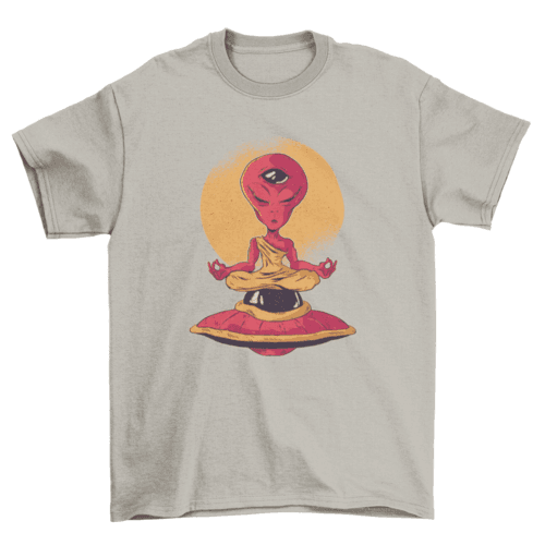 Alien meditation t-shirt with cartoon alien monk meditating in yoga pose on flying saucer over moon circle