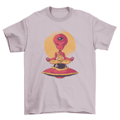 Alien meditation t-shirt with cartoon alien monk meditating on flying saucer over moon circle.
