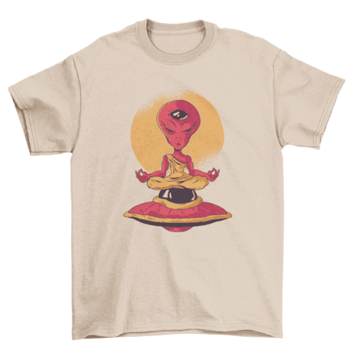 Beige alien meditation t-shirt featuring a cartoon alien monk with a third eye meditating in a yoga pose on a flying saucer over a moon circle.