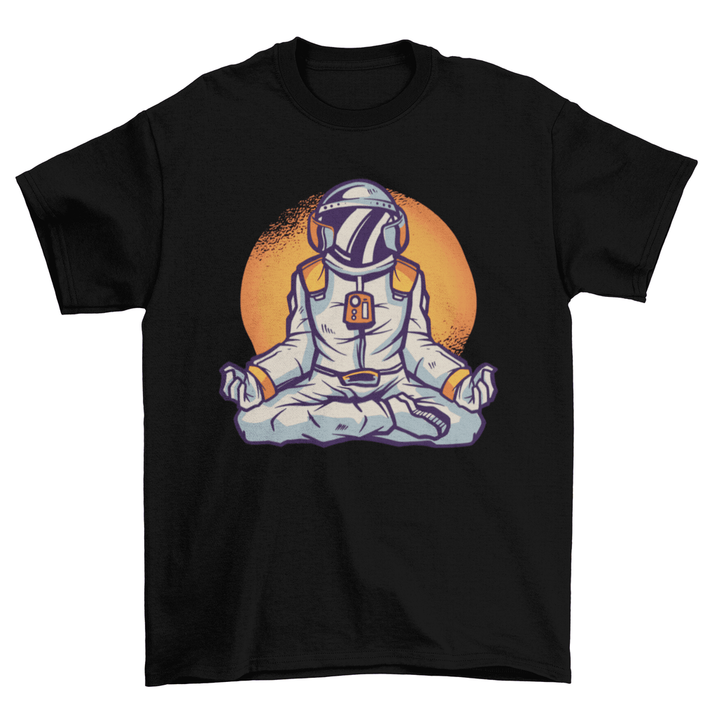 Black t-shirt with graphic of an astronaut in a meditation pose against an orange circle background.
