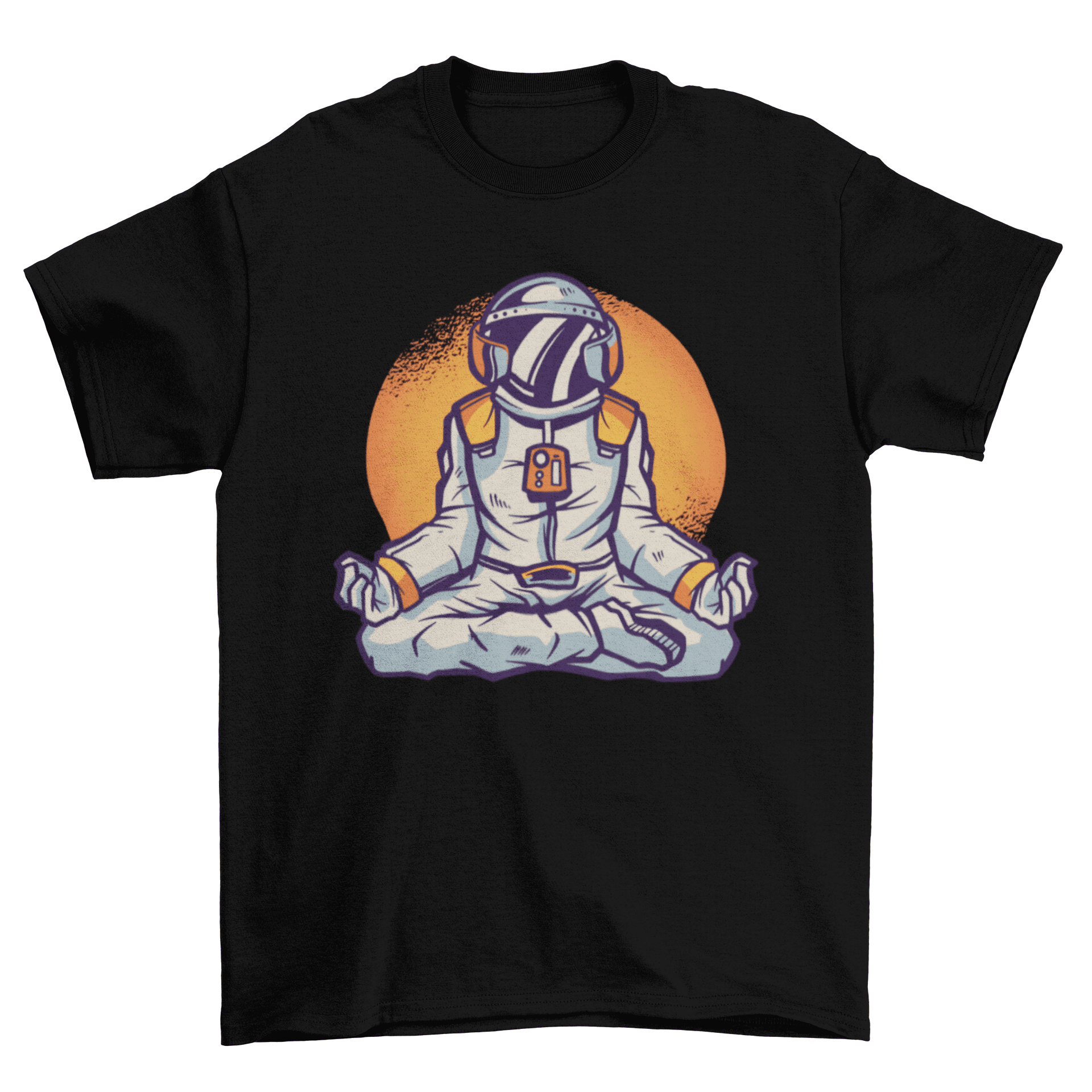 Black t-shirt with graphic of an astronaut in a meditation pose against an orange circle background.