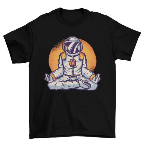 Black t-shirt with an astronaut meditating in a lotus pose against an orange circle background.
