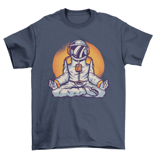 Navy t-shirt with an astronaut meditating in a yoga pose in front of an orange circle.