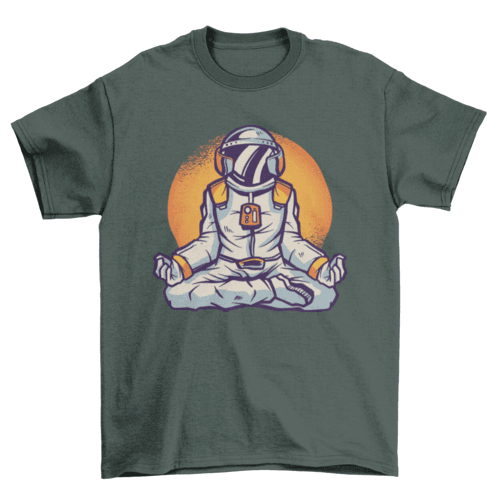 Astronaut meditating graphic on dark gray t-shirt with orange circle background
