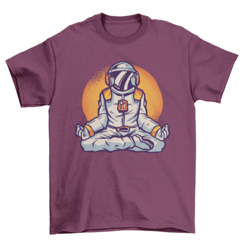 Purple t-shirt with an illustration of an astronaut meditating in a lotus pose against an orange circle background