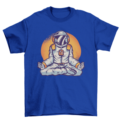 Blue t-shirt with astronaut meditating in lotus pose graphic and orange background circle design