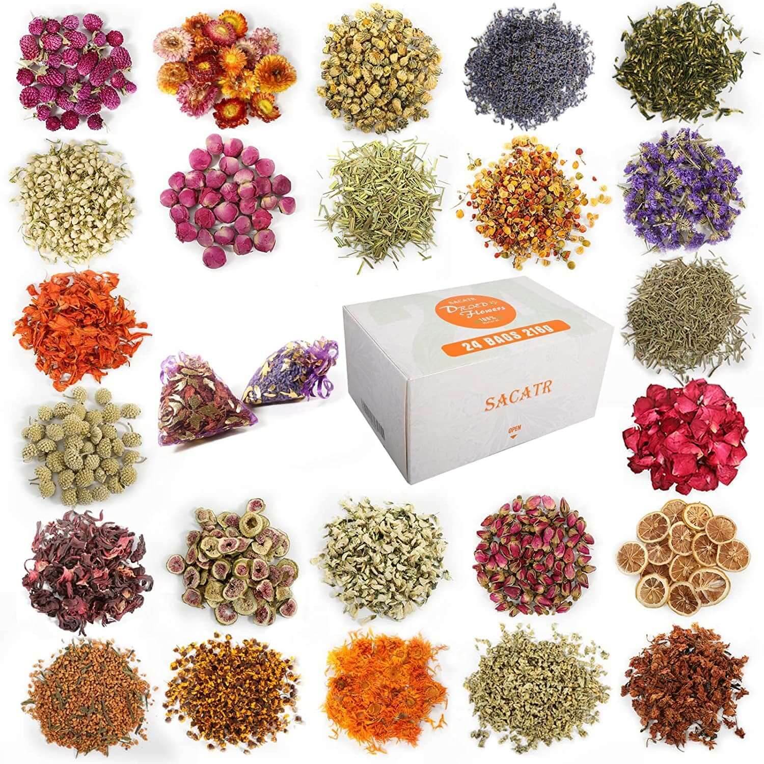 24 Bags Dried Flowers,100% Natural Dried Flowers Herbs Kit for Soap Making, DIY Candle Making,Bath - Include Rose Petals,Lavender,Don'T Forget Me,Lilium,Jasmine,Rosebudsand More - Emily Zen Goddess