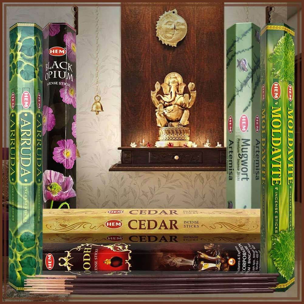 Hem Incense Sticks Variety with Leafy Fragrance Bundle & Elegant Holder - Emily Zen Goddess