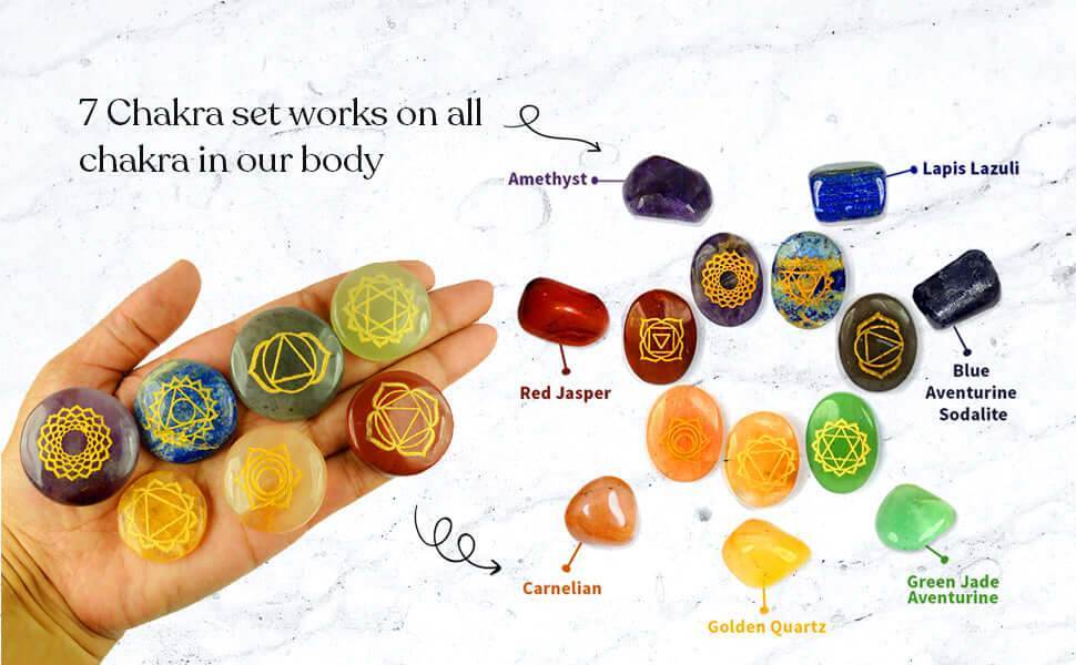 7 Chakra symbol engraved healing gemstones set including Amethyst, Lapis Lazuli, Red Jasper, Blue Aventurine, Carnelian, Golden Quartz, and Green Jade Aventurine.
