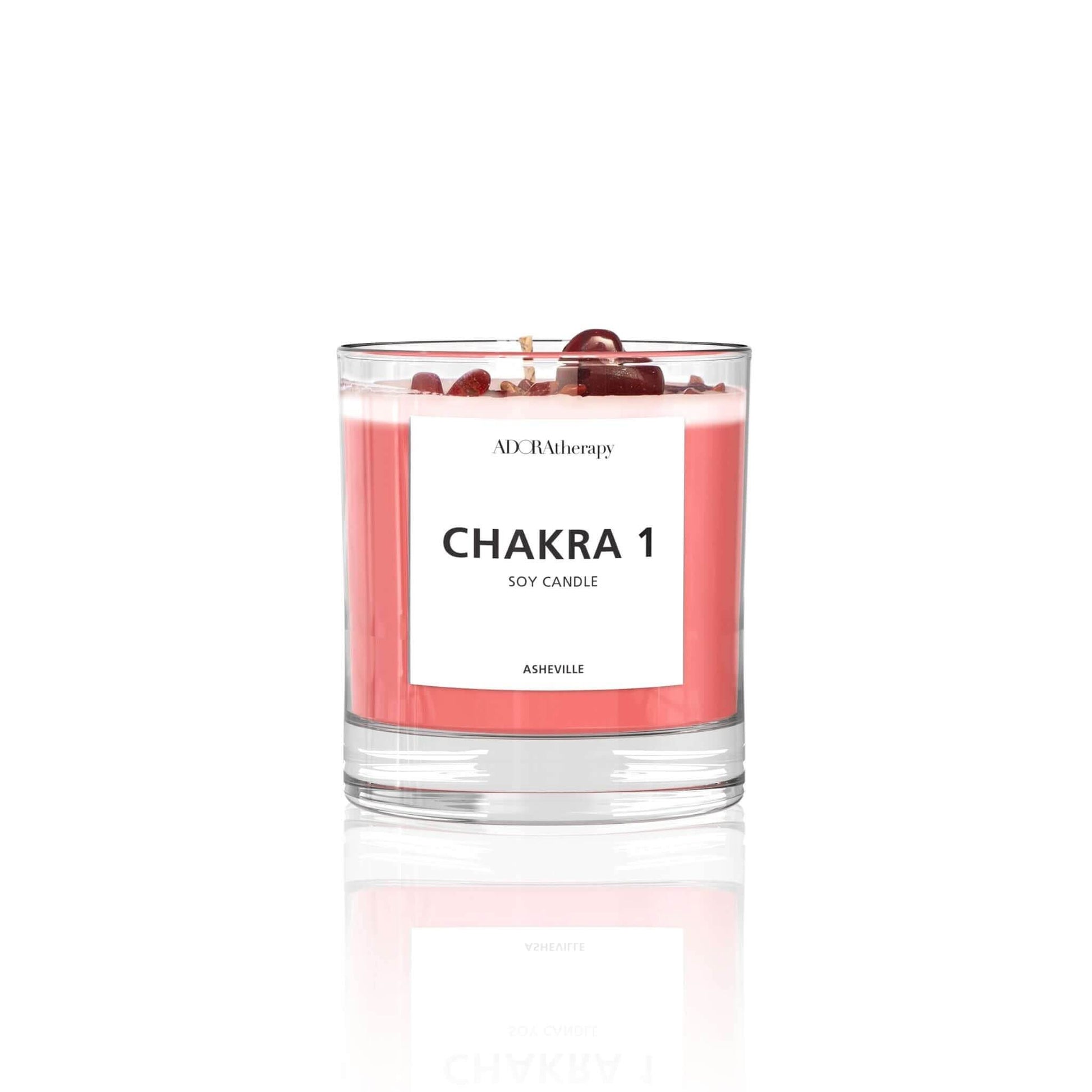 Chakra 1 Red Jasper gemstone soy candle with spicy, woody aroma, infused with cedarwood, patchouli, and sandalwood, decorated with real red jasper stones.