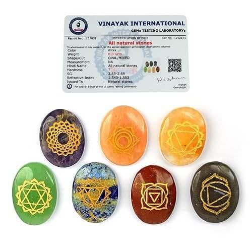 7 Chakra Symbol engraved natural healing gemstones set for Reiki and crystal healing energy balance