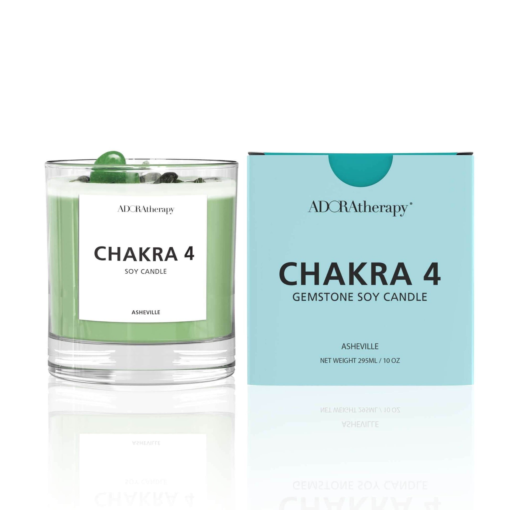 Chakra 4 Aventurine Gemstone Candle with floral scent, soy wax, and real aventurine gemstones for heart chakra support.