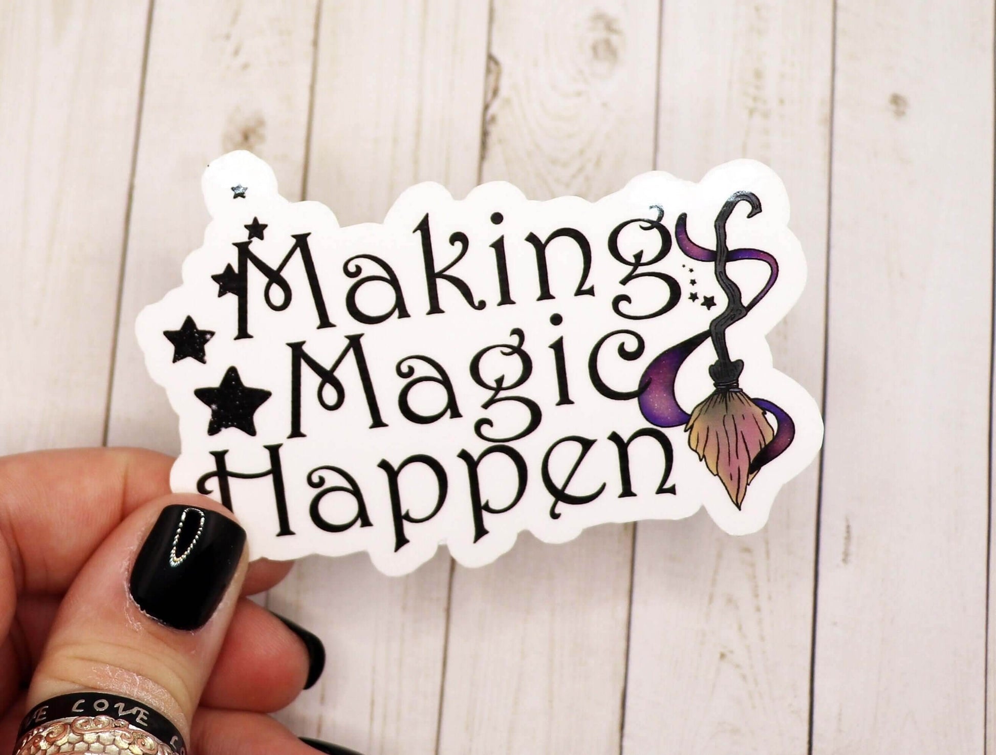 Making Magic Happen vinyl sticker with decorative stars and broom design on matte laminated vinyl