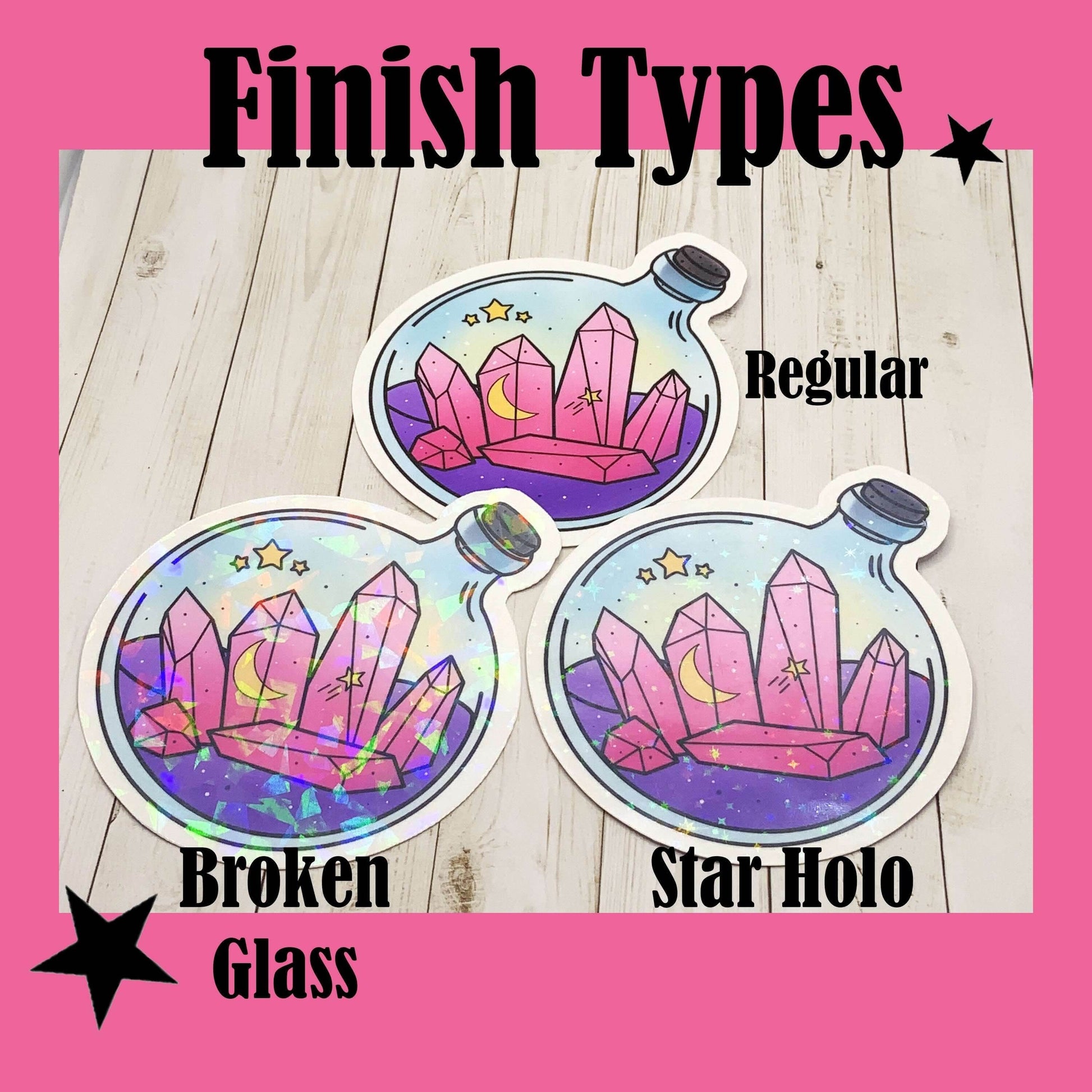Midnight Moonlight and Magic sticker with purple crystals and crescent moon in three finish types: regular, broken glass, and star holo.