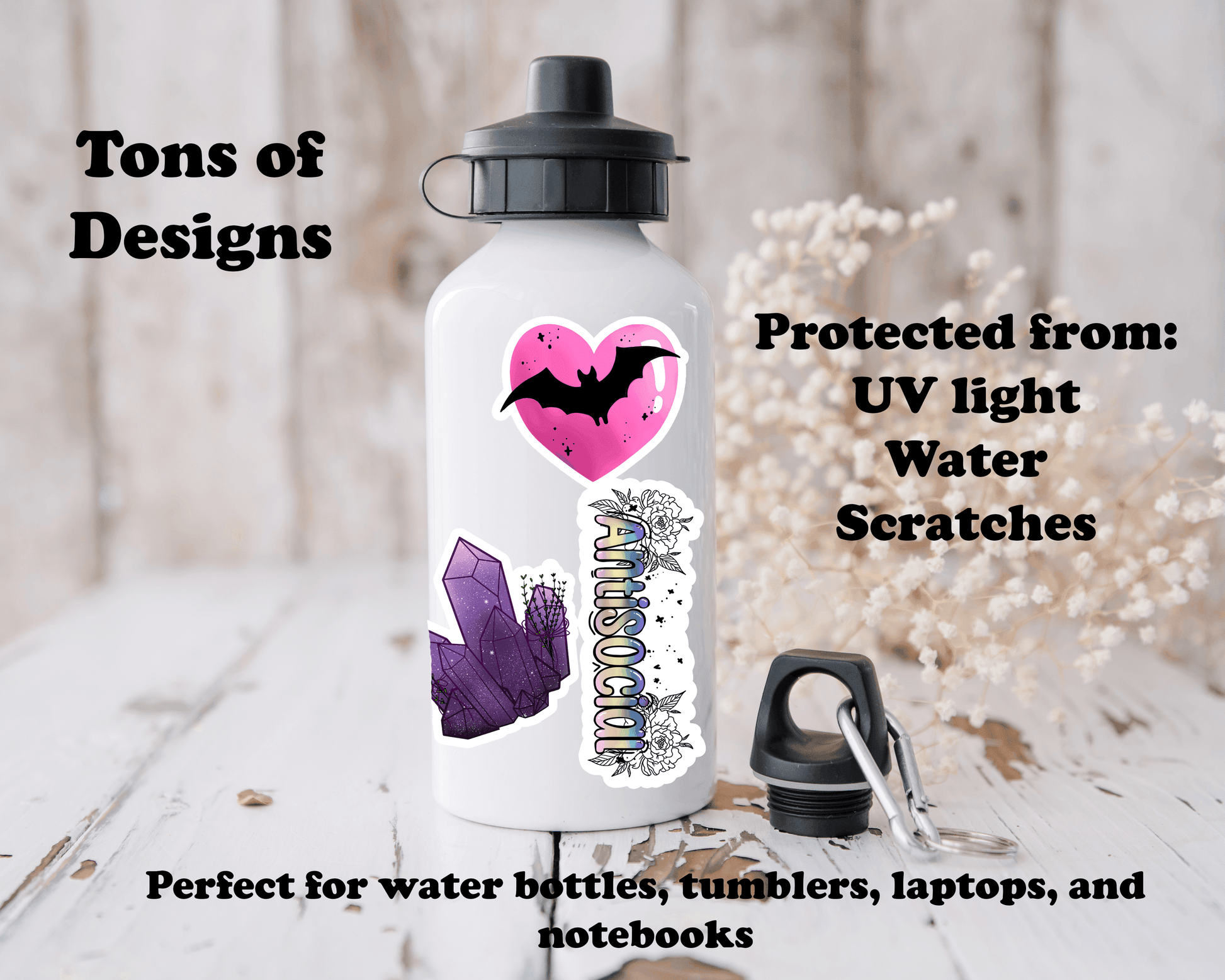 White water bottle with Support Your Local Coven vinyl stickers, including a pink heart with a black bat and purple crystals, showcasing durable, laminated matte vinyl design.